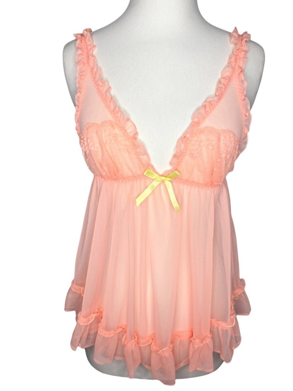 Victoria's Secret Sheer Mesh Peach Babydoll Lingerie Ruffles Yellow Bows Size S